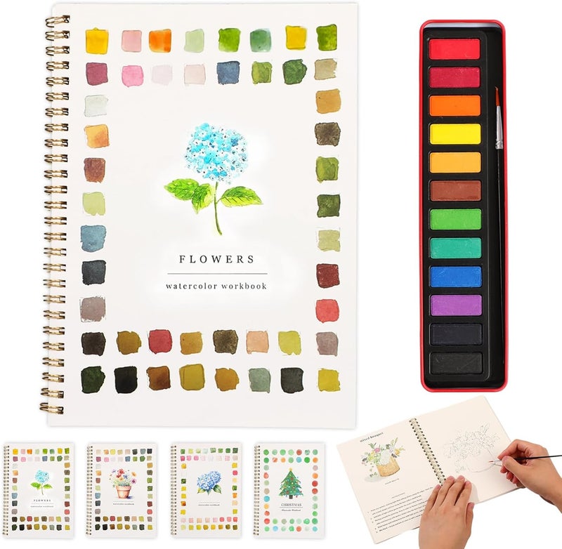 KOSIMI Watercolor Workbook – Water Coloring Book, Beginner Watercolor Painting Kit Paint Set Workbook with 12 Watercolor Paints & Brush (Flower A) - Image 1